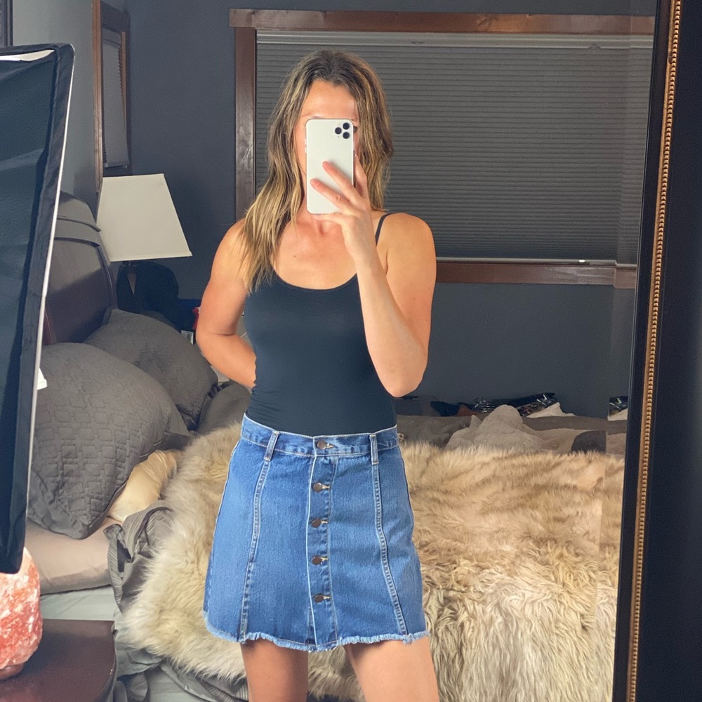 permanent blue jean button-up distressed skirt, size 9